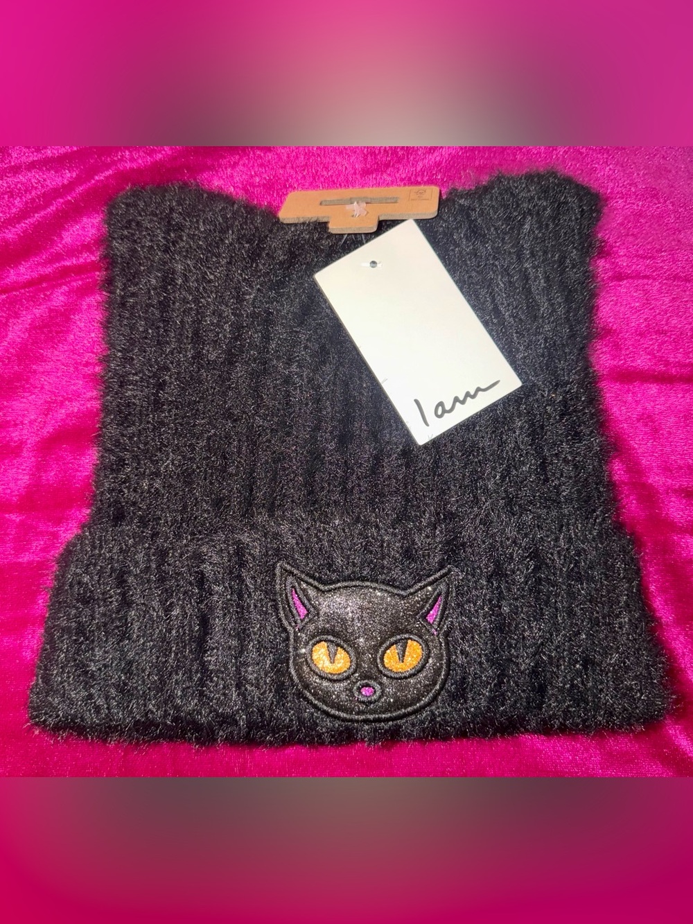 I Am Black Fuzzy Knit Beanie with Cat Patch
